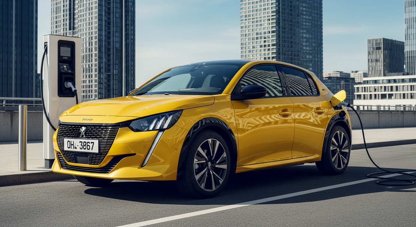 A vibrant yellow Peugeot e-208 parked at an urban electric vehicle fast charging station.